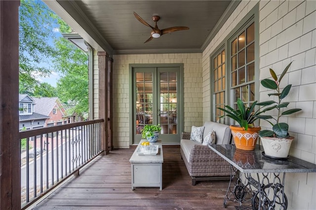 3075 Woodvale Ct, Alpharetta, GA 30022 - wooden deck with ceiling fan, french doors, and outdoor lounge area