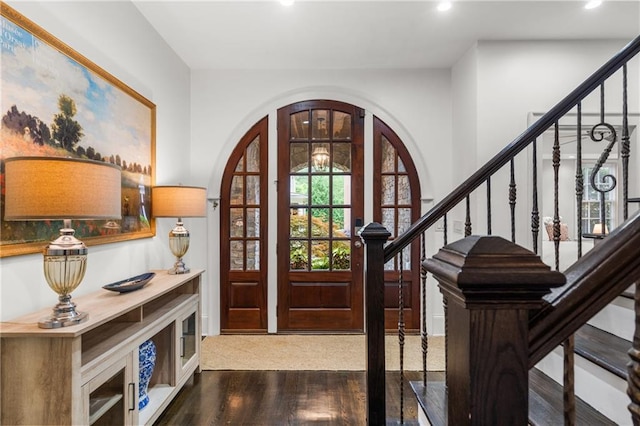 3075 Woodvale Ct, Alpharetta, GA 30022 - entryway featuring wood finished floors, stairway, recessed lighting, and arched walkways