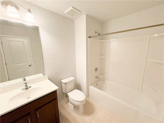 bathroom with shower / bath combination, visible vents, toilet, tile patterned floors, and vanity