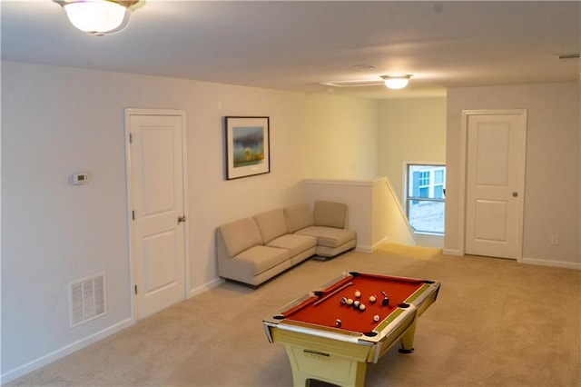 rec room featuring pool table and light carpet