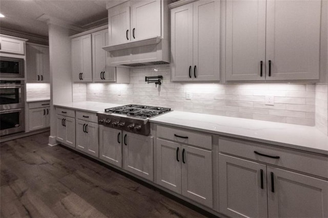 kitchen with backsplash, premium range hood, appliances with stainless steel finishes, white cabinets, and dark hardwood / wood-style flooring