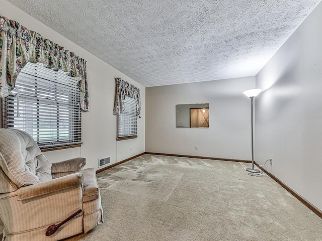 sitting room featuring carpet flooring and a textured ceiling