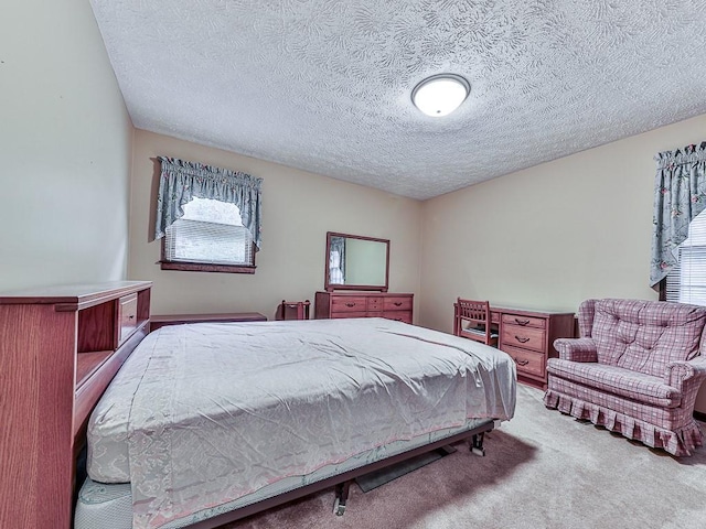 bedroom featuring carpet flooring and a textured ceiling