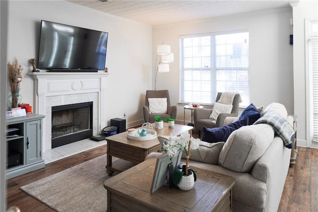 living room with a tiled fireplace, crown molding, and hardwood / wood-style flooring