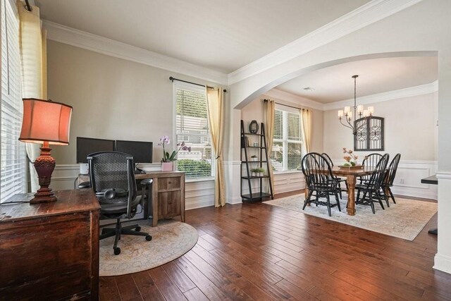 4003 Coachman Ct, Cumming, GA 30040 - office featuring arched walkways, ornamental molding, hardwood / wood-style floors, a chandelier, and a wainscoted wall