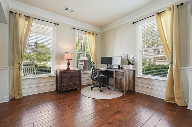 4003 Coachman Ct, Cumming, GA 30040 - office area featuring dark wood-style flooring, ornamental molding, wainscoting, and healthy amount of natural light