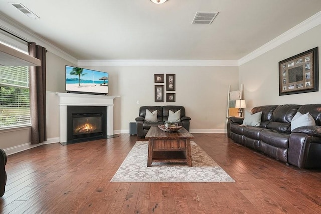 4003 Coachman Ct, Cumming, GA 30040 - living room with hardwood / wood-style floors, a fireplace with flush hearth, and ornamental molding
