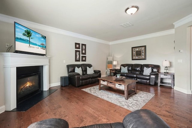 4003 Coachman Ct, Cumming, GA 30040 - living area featuring ornamental molding, wood finished floors, and a glass covered fireplace