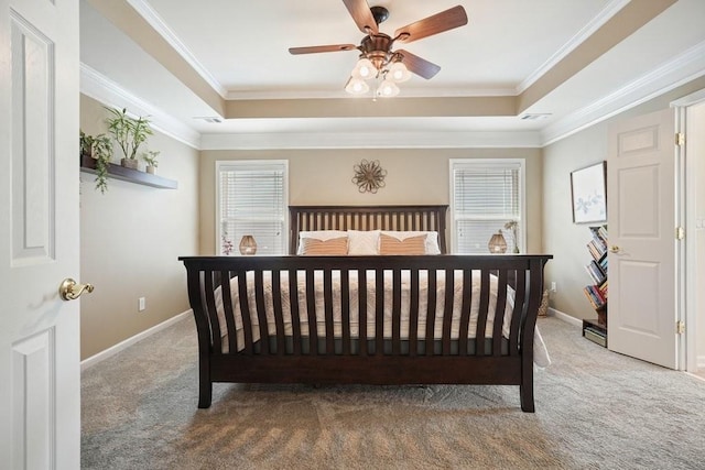 4003 Coachman Ct, Cumming, GA 30040 - bedroom featuring carpet flooring, a tray ceiling, ornamental molding, and a ceiling fan