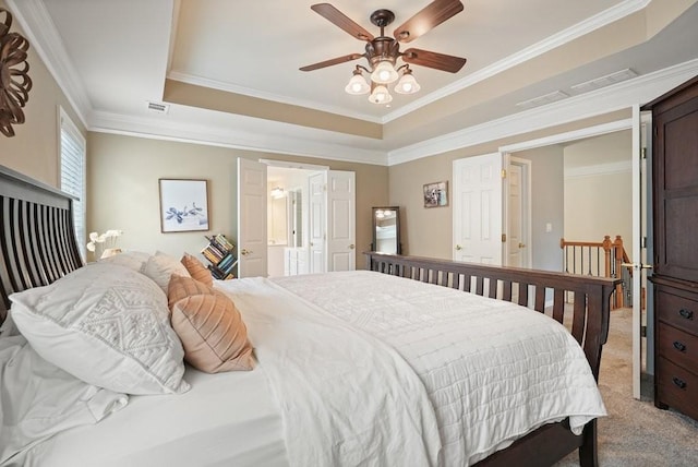 4003 Coachman Ct, Cumming, GA 30040 - bedroom with light colored carpet, a tray ceiling, crown molding, ceiling fan, and ensuite bath