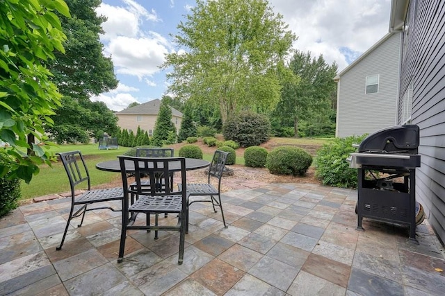 4003 Coachman Ct, Cumming, GA 30040 - view of patio / terrace with a grill, a trampoline, and outdoor dining space