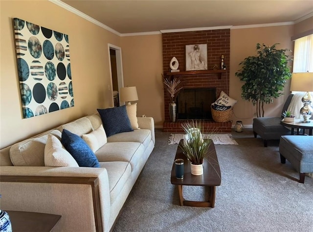 carpeted living room with a brick fireplace and crown molding