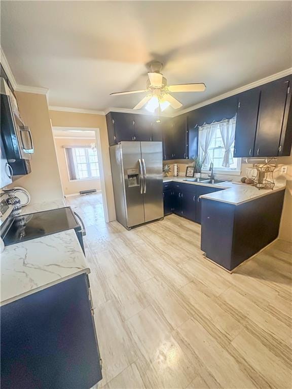 kitchen with stainless steel fridge with ice dispenser, crown molding, a wealth of natural light, and sink