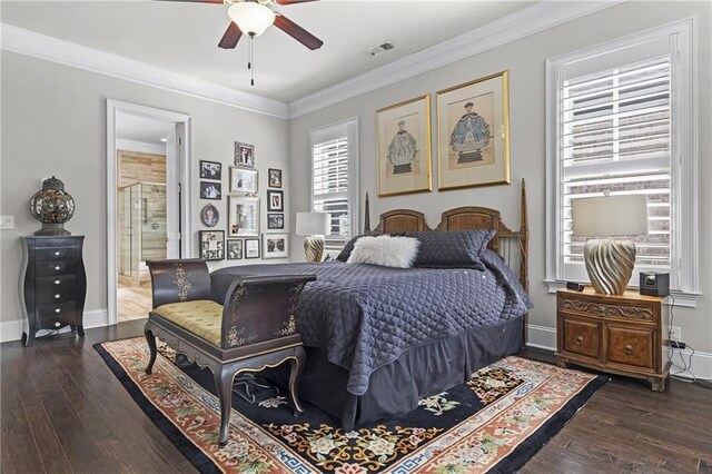 1250 Atherton Park, Roswell, GA 30076 - bedroom with wood-type flooring, ornamental molding, baseboards, ensuite bathroom, and ceiling fan