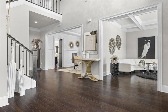 1250 Atherton Park, Roswell, GA 30076 - entrance foyer with coffered ceiling, wood finished floors, stairs, a high ceiling, and beam ceiling