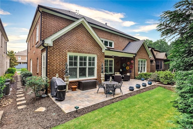 1250 Atherton Park, Roswell, GA 30076 - rear view of house with brick siding, a yard, a patio area, and ceiling fan