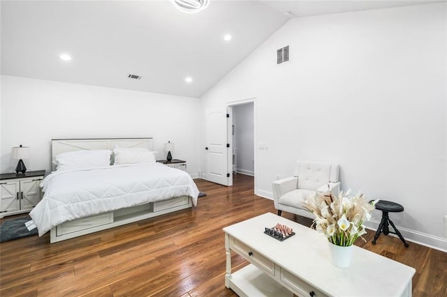 bedroom featuring visible vents, recessed lighting, wood finished floors, and high vaulted ceiling