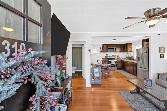 living area featuring ceiling fan, ornamental molding, and light wood-type flooring