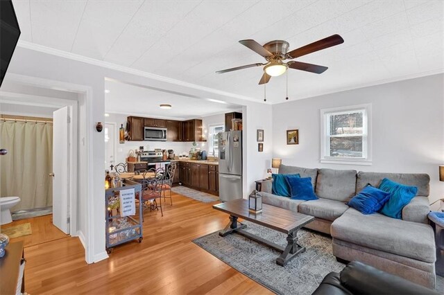 living room featuring a ceiling fan, plenty of natural light, and wood finished floors