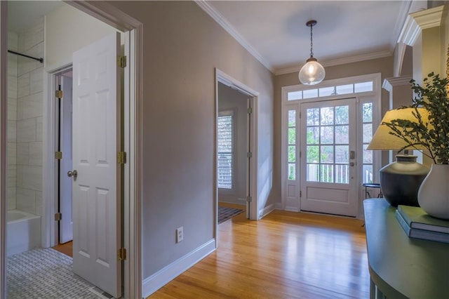 doorway to outside featuring ornamental molding and light hardwood / wood-style flooring