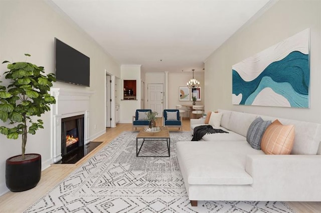2921 Lenox Rd Unit 308, Atlanta, GA 30324 - living room featuring a chandelier, wood finished floors, and a fireplace with flush hearth