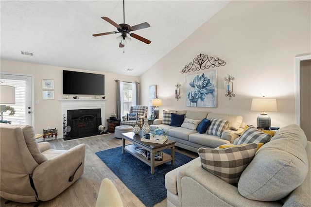 102 Autumn Brooke Trl, Dallas, GA 30157 - living room with ceiling fan, wood finished floors, a fireplace with flush hearth, and high vaulted ceiling