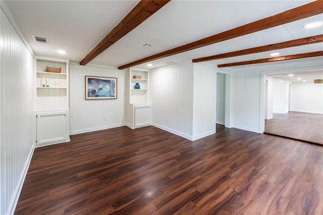 interior space featuring beamed ceiling, built in features, and dark wood-type flooring