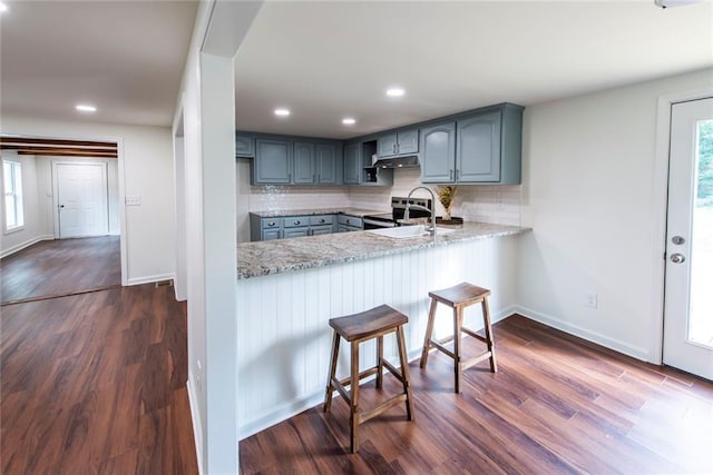 kitchen with kitchen peninsula, light stone countertops, dark hardwood / wood-style flooring, decorative backsplash, and sink