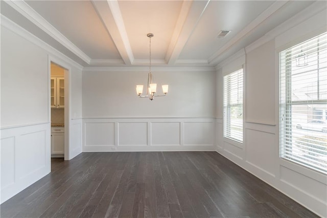 unfurnished dining area featuring a decorative wall, a chandelier, dark wood-style floors, beamed ceiling, and crown molding