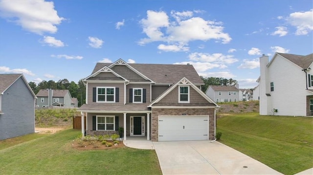 craftsman house featuring driveway, a front lawn, an attached garage, a porch, and a residential view