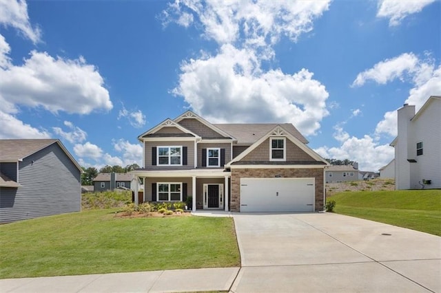 craftsman house with driveway, a front lawn, and a porch