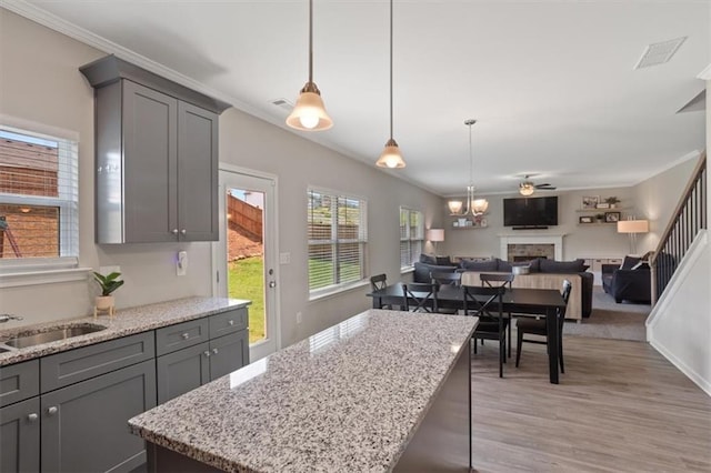 kitchen with gray cabinets, light wood-type flooring, crown molding, a center island, and open floor plan