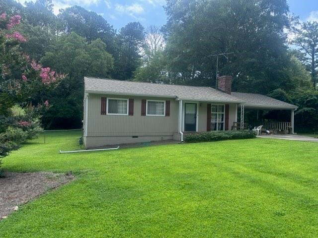 400 Jon Scott Dr, Alpharetta, GA 30009 - ranch-style home with a chimney, a front lawn, crawl space, and a porch