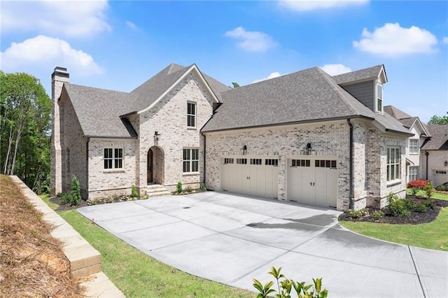 4860 Grandview Ct, Flowery Branch, GA 30542 - french provincial home featuring brick siding, a garage, a chimney, and driveway
