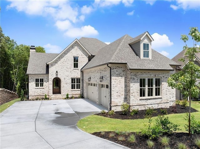 4860 Grandview Ct, Flowery Branch, GA 30542 - french country inspired facade with brick siding, driveway, a garage, and roof with shingles