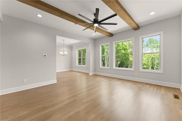 4860 Grandview Ct, Flowery Branch, GA 30542 - spare room with a chandelier, beamed ceiling, light wood-type flooring, ceiling fan, and recessed lighting