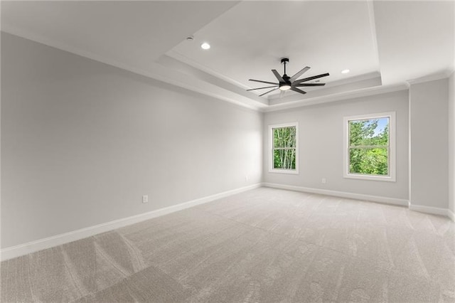 4860 Grandview Ct, Flowery Branch, GA 30542 - unfurnished room featuring a tray ceiling, ornamental molding, recessed lighting, light carpet, and ceiling fan