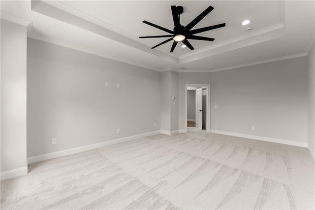 4860 Grandview Ct, Flowery Branch, GA 30542 - empty room with a raised ceiling, light colored carpet, recessed lighting, ornamental molding, and a ceiling fan