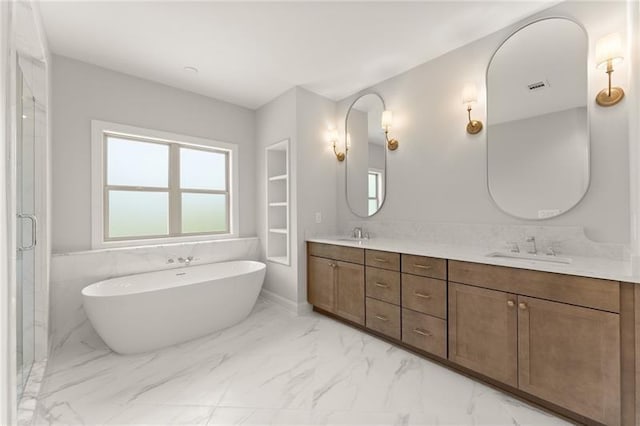 4860 Grandview Ct, Flowery Branch, GA 30542 - bathroom with marble finish floors, double vanity, a freestanding tub, and a shower stall