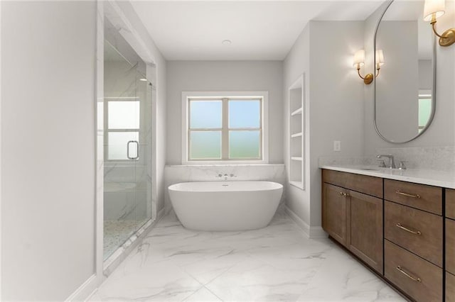 4860 Grandview Ct, Flowery Branch, GA 30542 - full bathroom with marble look tile flooring, vanity, a marble finish shower, and a soaking tub