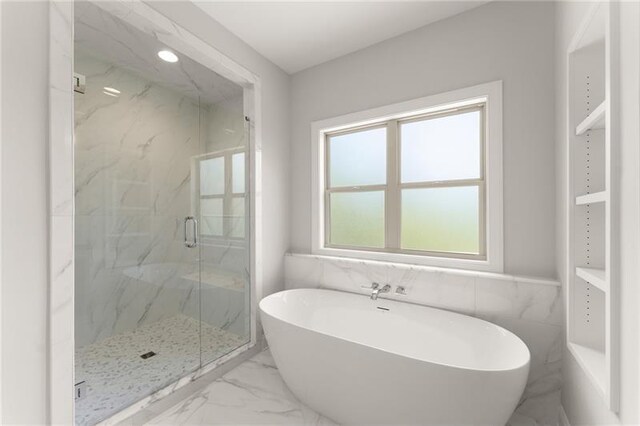 4860 Grandview Ct, Flowery Branch, GA 30542 - full bath featuring marble finish floors, a freestanding tub, and a marble finish shower