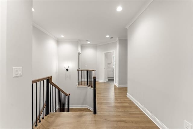 4860 Grandview Ct, Flowery Branch, GA 30542 - hall with an upstairs landing, recessed lighting, crown molding, and wood finished floors