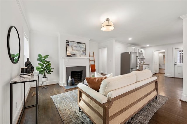 living area featuring dark wood-type flooring, a fireplace with flush hearth, and ornamental molding