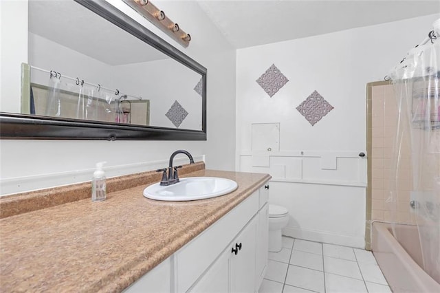 full bathroom featuring vanity, tile patterned flooring, toilet, and shower / tub combo