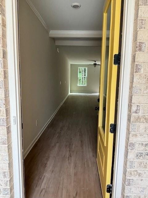 corridor with dark hardwood / wood-style floors and ornamental molding