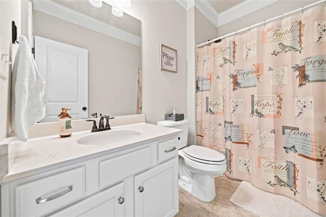 bathroom with tile patterned floors, walk in shower, ornamental molding, vanity, and toilet