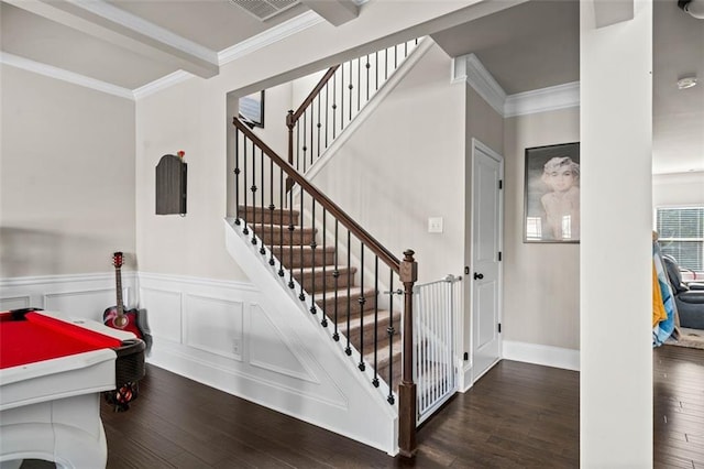 stairway with crown molding, hardwood / wood-style floors, and billiards