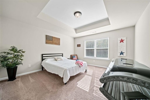 carpeted bedroom featuring a raised ceiling