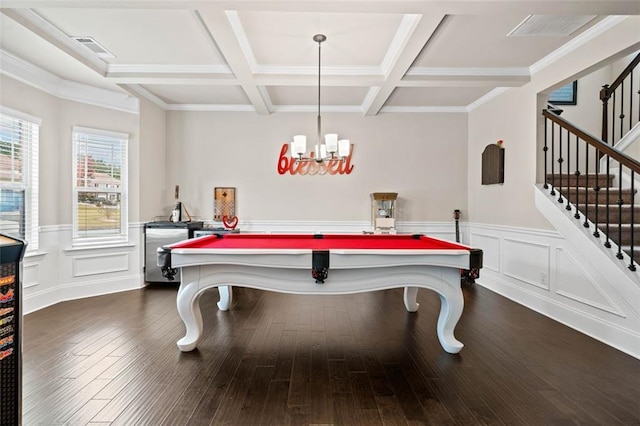 game room with dark hardwood / wood-style floors, beam ceiling, pool table, and coffered ceiling