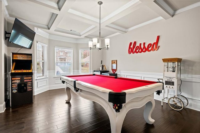 rec room featuring dark hardwood / wood-style flooring, an inviting chandelier, coffered ceiling, and billiards